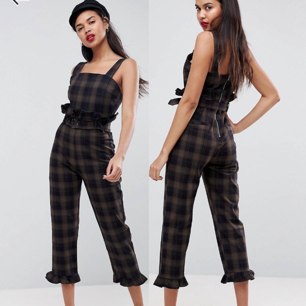 ASOS plaid jumpsuit with ruffle detail